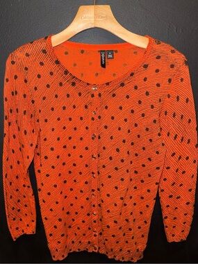 Relativity Orange and Black Polka Dot Button Cardigan